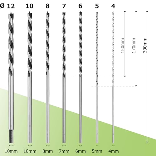 Pinava® Holzbohrer Set lang [Stabil & scharf] - 7 Bruchfeste Schlangenbohrer - Holz, präzise & zentriert - Spiralbohrer 30cm, extra lange Bohrer - Ø 4, 5, 6, 7, 8, 10, 12 x 300mm