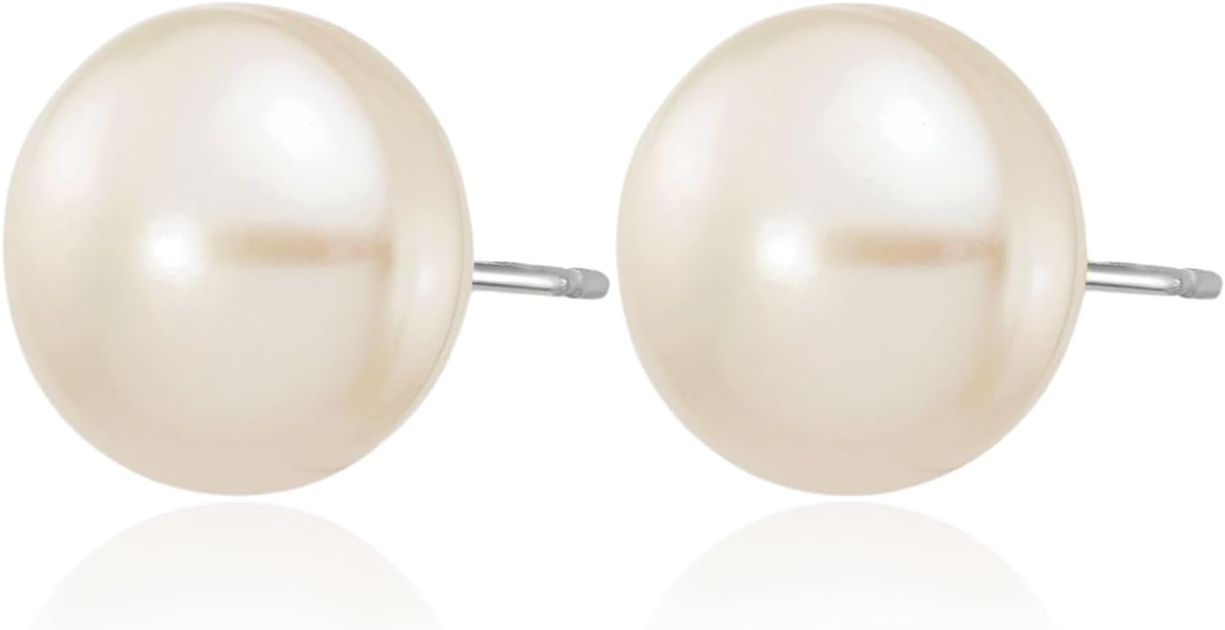 IceCarats 14K Solid White Gold 10mm Freshwater Pearl Large Stud Earrings Prong Set, Friction Back For Her