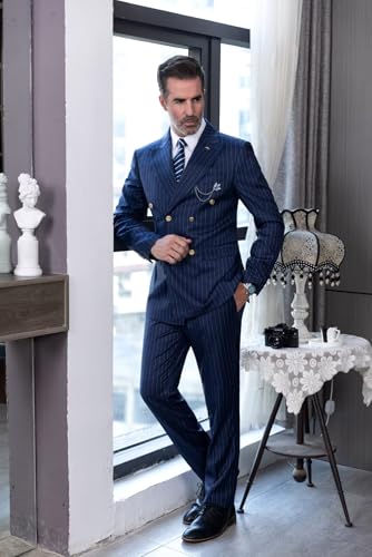 Pinstriped Men‘s Suits Double Breasted 2-Piece Blazer Pants Peak Lapel Slim Fit Tuxedo Set Wedding Prom4