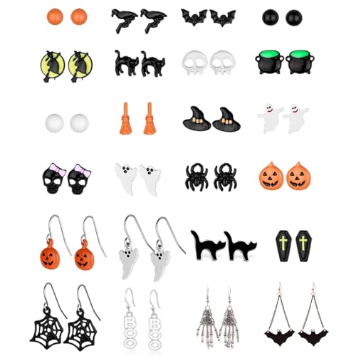 Halloween Earrings for Women Bat Witch Cat Earrings Set Spider Web Pumpkin Skull Dangle Earring Halloween Jewelry Accessories Costumes