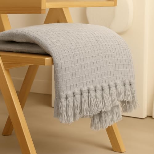 Image of Furnistitchs Bohemian Cotton Sofa Throw Blanket 50x60 inches | Waffle Knit & Chevron Pattern with Fringes | Aesthetic Decorative Couch Throw for Living Room & Bedroom (Grey Waffle)