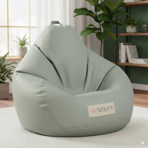 Image of 5XL Premium Leatherette Bean Bag with Rectangular Footrest & Cushion | High Density EPS Beans Filled | Teardrop Shape with Handle | 6 Months Warranty (Pastel Green, 5XL Single, Solid)
