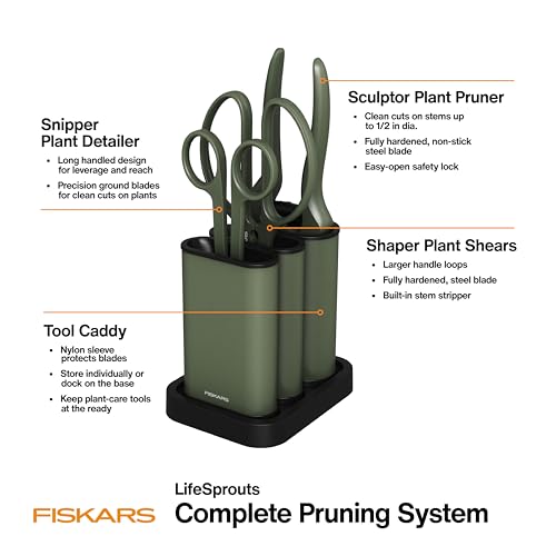 Fiskars Indoor Plant Care 3-Piece Set, Precision Gardening Tools, Green | Nesting Storage Caddy, Detail Snips, Stem Shears & Bypass Pruner for Trimming & Shaping Houseplants, Stainless Steel Blades - image 3