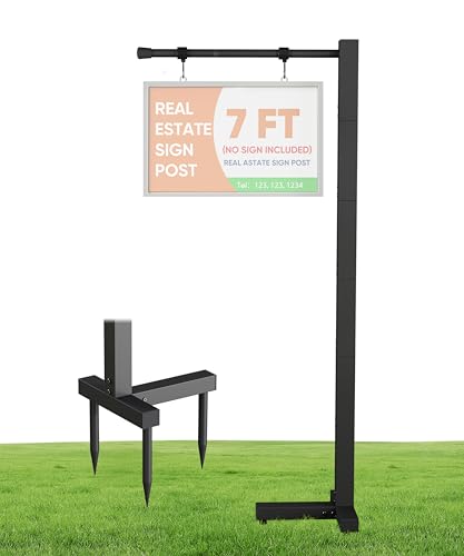 Mokeyder Adjustable Real Estate Sign Post 7FT Yard Sign Holder Stand for Open House & Home for Sale Windproof Outside Realtor Sign Post with 34 Arm for Traffic Construtions Events Black (No Sign)