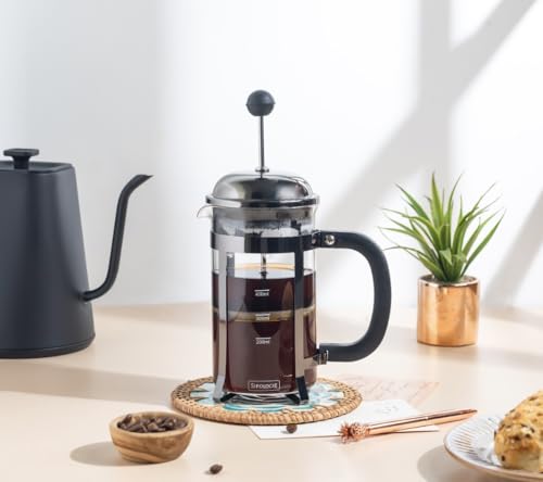 Image of Sipologie Vintage French Press Coffee Maker 600ml, Black I 4-Level Filtration I Heat Resistant Borosilicate Glass I Stainless Steel Housing | Measurement Marking, Coffee Spoon, Extra Filter Mesh