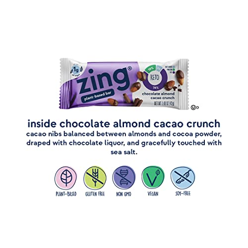Zing Bars Keto Low Carb Protein Bar Bold Chocolate Almond Cacao Crunch, 7G Protein, 3G Net Carbs, 1G Sugar - Plant Based, Gluten Free, No Added Sugar, 1.48 Oz, Pack Of 12 #TOP3