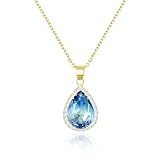 Linawe Aquamarine Necklace for Women Trendy, Blue Crystal Chain Necklace, Statement Moonstone Pendant Imitation Diamond Iridescent Aurora Borealis Teardrop CZ Necklace 14K Gold