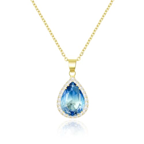 Linawe Aquamarin Blau Kette Halskette Damen, Anhänger Goldkette Diamant Geburtsstein Kristall Kettenanhänger, Goldener Schmuck Set Schmucksets für Damen, Charm Kette Gold Jewelry