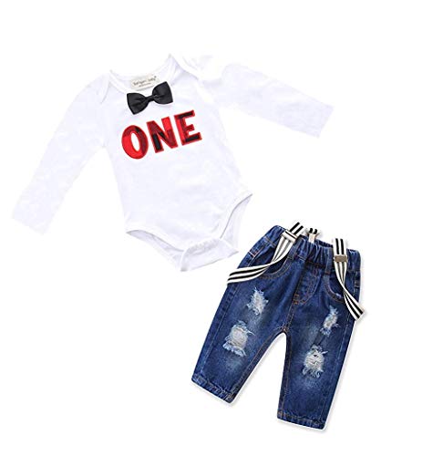KiKibaby Toddler Baby Boy Clothes Set Bowtie Romper Suspenders Ripped Denim Pants Outfits White 90