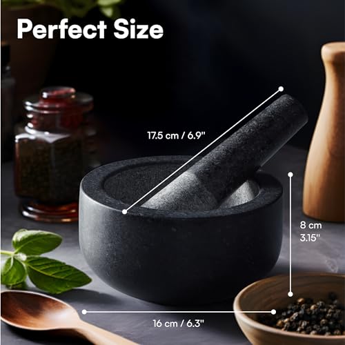 H&S Mortar and Pestle Set - Large Premium Solid Granite Stone Grinder Set - 16cm (6.3") Diameter - for Crushing & Mashing Herbs & Spices - Black