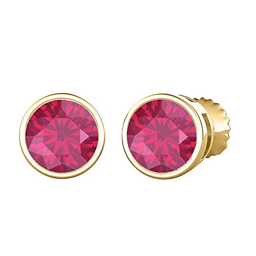RUDRAFASHION Bezel Set Round Cut Created Pink Ruby (5MM) Solitaire Stud Earrings 14K Yellow Gold Over .925 Sterling Silver For Women's