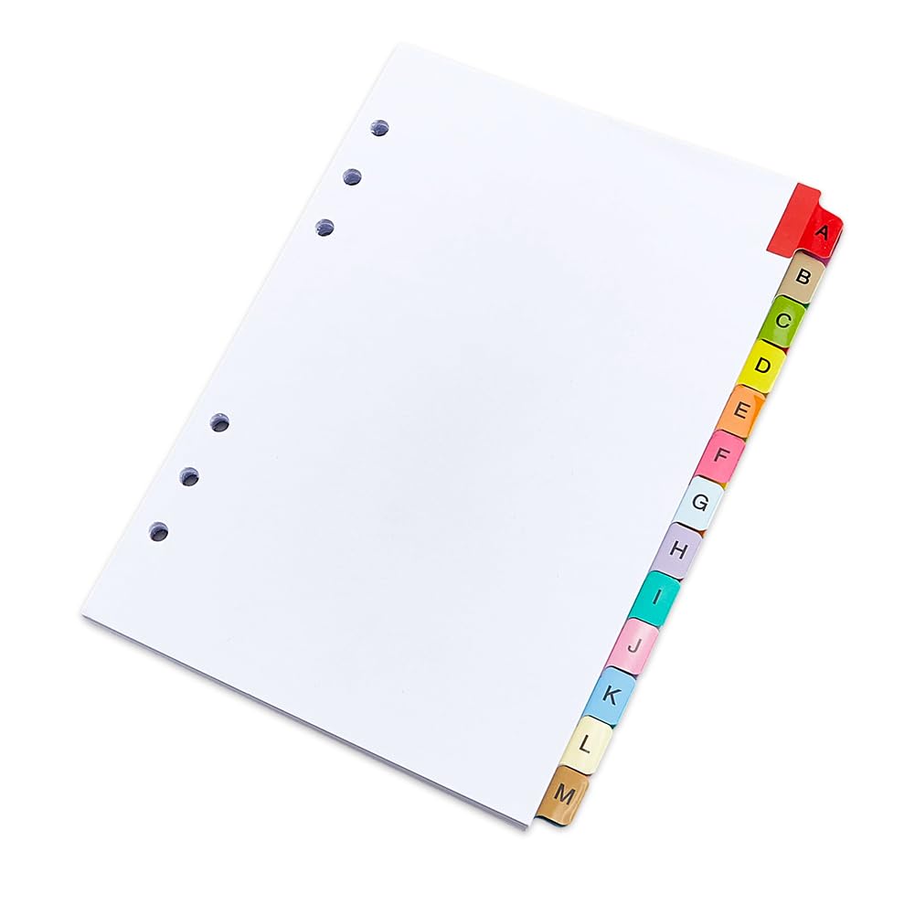 SUPERFINDINGS Alphabet Binder Dividers A5 A-Z Binder Dividers for 6 Ring 15.2x21cm/6x8.27Inch White Paper Multicolor 26 Tabs Index Divider for School Office Filing Projects Organizing