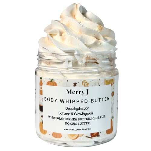 MerryJskin Body Whipped Butter Marshmallow Pumpkin, creamy, vanilla, glitter, moisturizes dry skin, gift for her, shea butter, Birthday gift, shower gift for a party, holiday gift