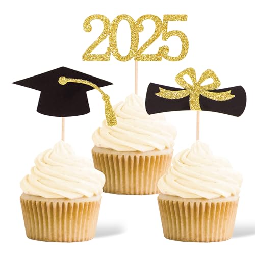 Gexolenu 48 pcs Gold DIY Cupcake Toppers, Class of 2025 Graduation Double-sided Food Picks Glitter Grad Cap for Graduation Party Supplies 2025 Graduate Party Cake Picks Decorations, set of 16