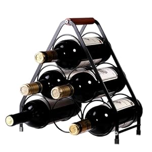 Axroad Mall Metal Wine Rack, 6 Bottles Stackable Wine Organizer with Wooden Handle, 3 Tier Freestanding Wine Bottle Storage Rack for Countertop Table Top Coffee Bar Kitchen (Black, Triangle)