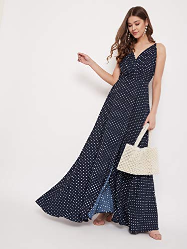 Image of Berrylush Navy Blue Polka Dot Print V Neck Maxi Dress Navy Blue Small