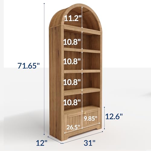 GAOMON 71" Tall Arched Book Shelf, 6-Tier Freestanding Bookshelf with Drawer and Open Display Shelves, Mid Century Modern Arched Bookcase for Living Room, Bedroom, or Home Office, Natural