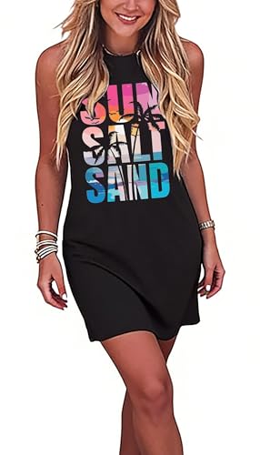 Image of Sun Salt Sand Coconut Tree Tank Mini Dress for Women Sleeveless Beach Praty Shirts Summer Vacation Short Mini Dresses