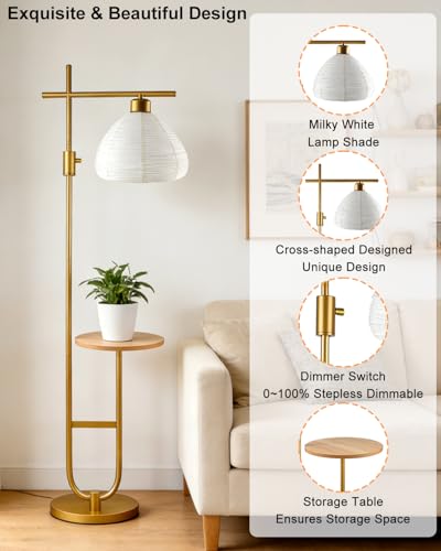 Image of 66IN Dimmable Gold Floor Lamps with Storage Table, Modern Standing Tall Lamp with Milky White Lampshade, Cross-Shaped Lamp Head and U-Pole Base Style for Living Room /Bedroom