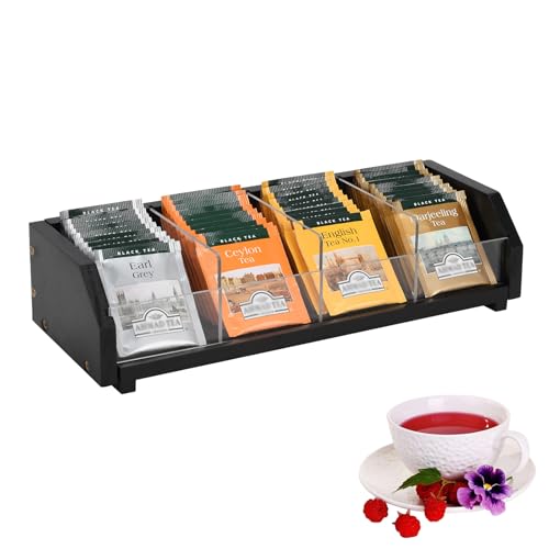 Tea Bag Holder Organizer Box with 4 Compartments, Pine Wood and Acrylic, 13.5 x 4.9 x 3.1 inches for...