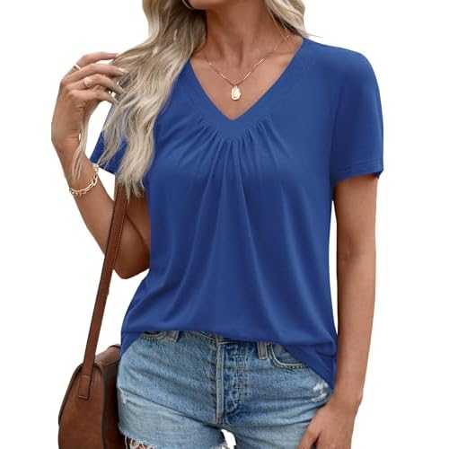 LOMON Womens Summer Tops Short Sleeve V Neck Pleated T-Shirts Loose Fit Dressy Casual Blouses S-XXL Medium A Blue