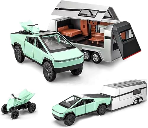 Image of 1:32 Scale Die-Cast Tesla CyberTruck with Pick-Up Trailer with 6 Openable Doors Pull Back Toy Car with Lights & MusicToy Car Gift for Kids (1:32 Cybertruck Trailer - Green)