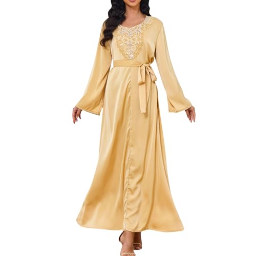 Robe de soirée Musulmane pour Femme - Style Dubaï - Caftan Pleine Longueur - Broderie Florale - Robe Marocaine Islamique Turque - Mariage - Soirée - Ceinture 2 pièces