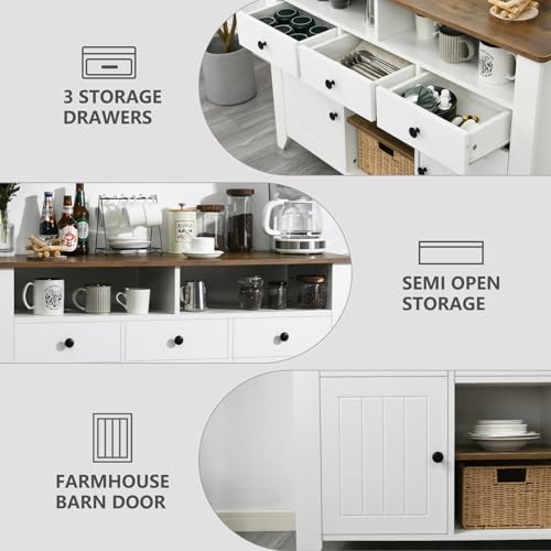 4ever2buy Farmhouse Coffee Bar Cabinet with Storage, 47 Inch Coffee Bar with 3 Drawers & 2 Doors, White Buffet Cabinet with Open Shelf, Kitchen Coffee Bar Cabinet for Living Dining Room