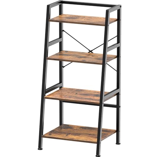 4-Tier Bookshelf, Ladder Shelf, Stand Up Shelves, Industrial Bookcase with Steel Frame, Metal Small Bookcase, for Living Room, Home Office, Kitchen, Bedroom, Industrial Style （Rustic Brown & Black）