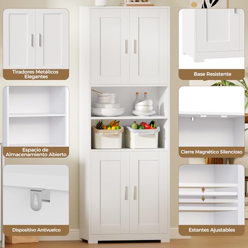 Miniatura 9 de Bewishome Mueble Columna De Baño, Armario Alto De Baño, Mueble Auxiliar De Almacenaje Con Estante Ajustable, Kit Antivuelco, Para Cocina, Salón, De Moderno 30x60x170 Cm Blanco Eyyg09w