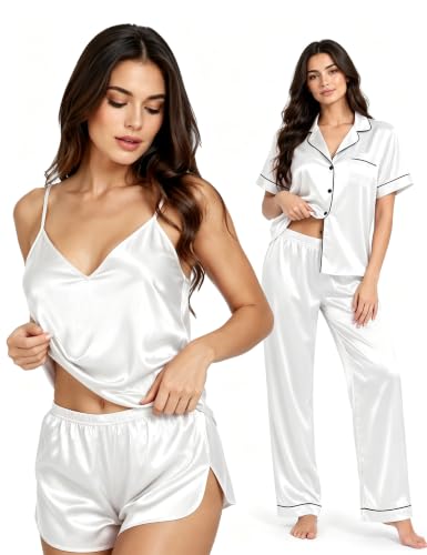 Image of SWOMOG Womens Silk Satin Pajamas Sets 4pcs Sleepwear Sexy Cami Shorts Set and Button Down Short Sleeve Pjs Loungewear
