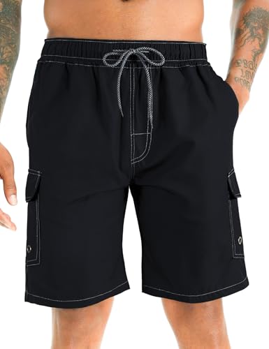 APTRO Men's Swimming Shorts Board Shorts Quick Dry Swimming Trunks Summer Beach Shorts with mesh Lining Black Cargo MK12 9L