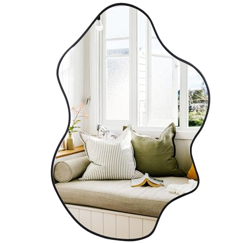 Tanmicoshomy Black Bathroom Mirror 24x36 Inch, Asymmetrical Framed Wall Mirrors