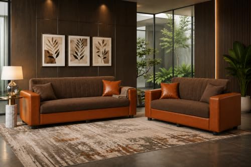 Image of 3+2 Sofa Set for Living Room | 3 Seater & Two Seater Sofa | Premium Fabric & Leatherette Upholstery | Soft Foam Cushions | for Home, Office & Reception | Pre-Assembled(Brown and Tan)