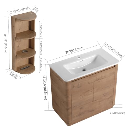 Image of 36 inch Bathroom Vanity with Ceramic Sink, Freestanding Bathroom Vanity with 2-Soft-Close Door, Semicircle Storage Rack & Inside Adjustable Shelves for Home, Farmhouse Floor Mount Vanity, Oak