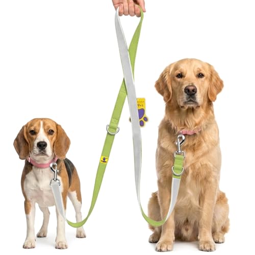 Image of A+a Pets' Multi-Function Cotton Leash to Walk 2 Dogs | Long, Short, Hands Free, Traffic, Running, Walking | Adjustable, Soft Comfortable (White & Green)
