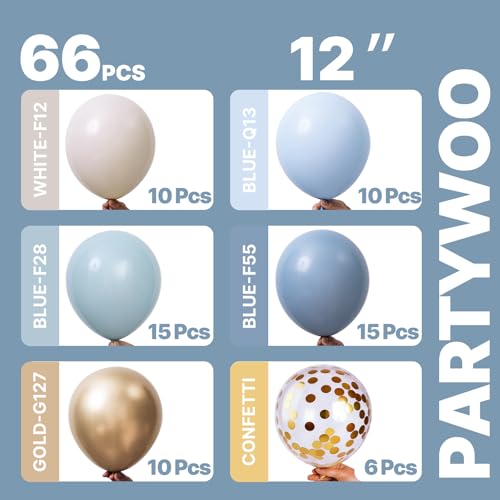 Image of PartyWoo Dusty Blue Balloons 66pcs 12 Inch Light Baby Slate Blue Off White Sand Metallic Gold Boho Confetti Balloons for Graduation Boy Baby Shower Gender Reveal Birthday Wedding Party Decorations