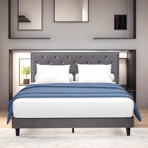 GAZHOME Twin Size Velvet Bed Frame, Upholstered Platform Bed with Adjustable Tufted Headboard, Rivet Ornament, Wood Slat Support, No Box Spring Needed, Easy Assembly, Grey Cover