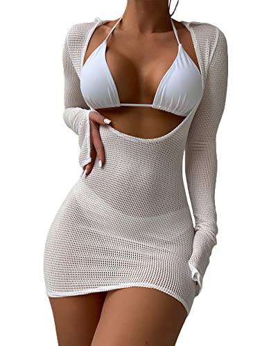GORGLITTER Women's Crochet Bikini Cover Up Dresses Long Sleeve Beach Bathing Suit Swimsuit Coverups Dress Summer 2025