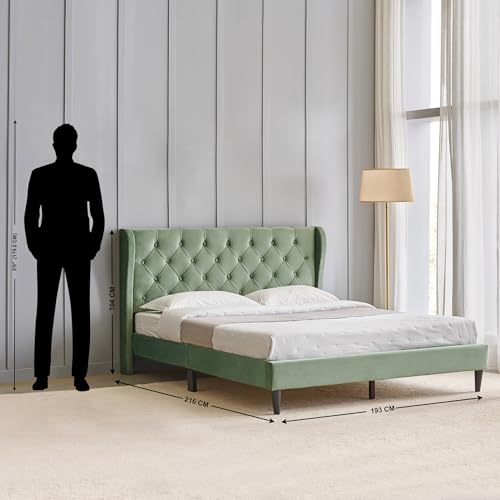 Image of Home Centre | Helios Bravo Roxy Upholstered King Size Bed Without Storage | Engineered Wood | Green | 1 Year Warranty