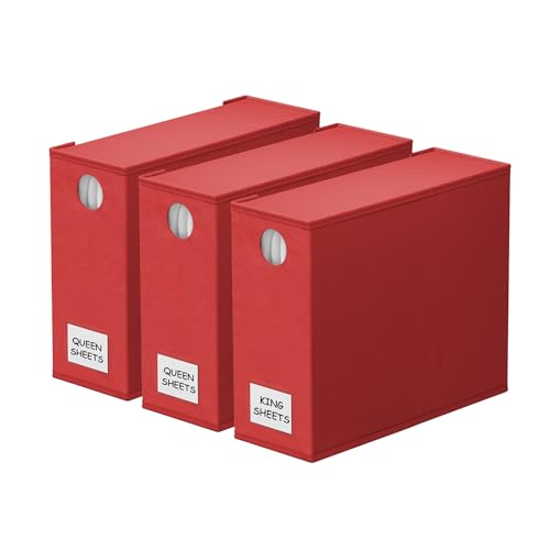 SpaceAid 3 Pack Bed Organizers and Storage, Foldable Sheet Organizer for Linen Closet, Set Folder Keeper With Window XL (Queen & King Size) Bedding Container (Red)