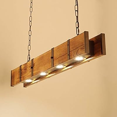 PIAOCAIYIN Bar Lights Hanging, Rustic Wood 4 Lights Chandelier, Farmhouse/Kitchen Island/Restaurants Wood Pendant Light, Wood Beam Light Fixture with Adjustable Chain, Vintage, 100*8*9.5cm, Brown
