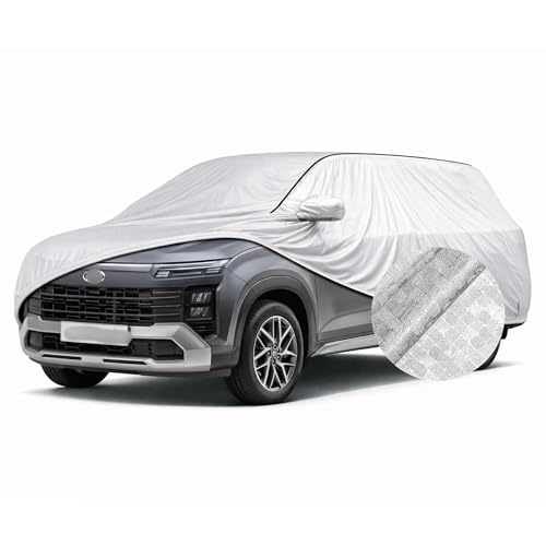 Image of SEAZEN Waterproof Car Cover for Hyundai Alcazar | Dustproof, UV & Scratch Resistant Soft Cotton Lining | Triple Stitched, Mirror Pockets & Elastic Hem | Metallic Silver with Black Piping
