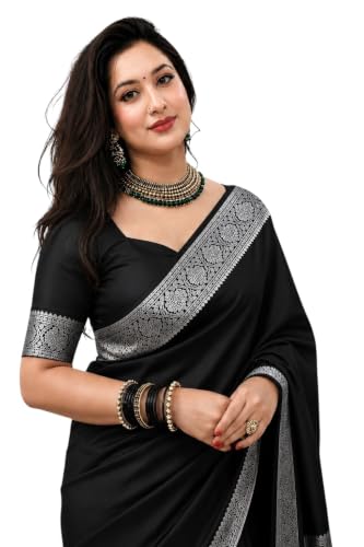 Image of Women's Glory Banarasi Satin Kanjivaram Saree Silver Zari Border Pure Soft Blend Silk Sari Kanchipuram Paithani Silk Party Wedding Festive New Ladies Sadi with Unstiched Blouse Piece.
