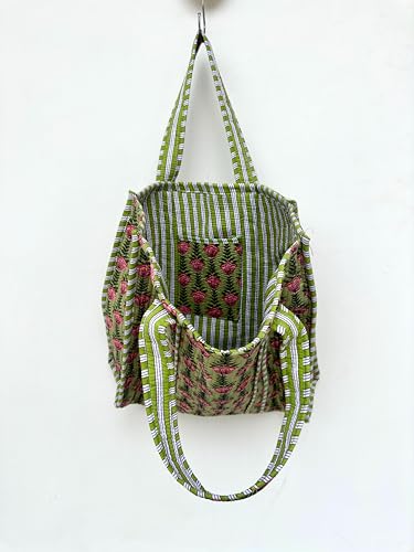 Image of Quilted Cotton Handprinted Reversible Large multicolor Floral Tote Bag,Hand Block Print Shopping Shoulder Carry Bag