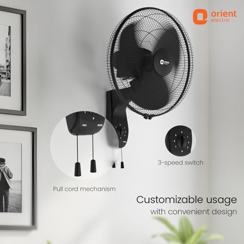 Image of Orient Electric Wall 97 | High Speed Wall Fan for Home | 100% Copper Motor | 90 Degree Oscillation with Tilt Mechanism | 3 Speed Pull Cord | Thermal Overload Protection | Military Grade Guard | Black