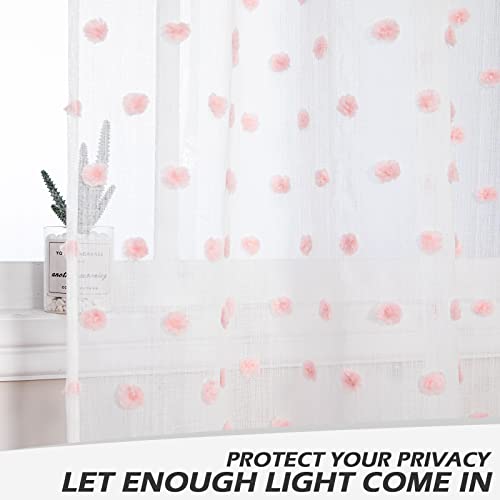 Image of MYSKY HOME Pink Pom Pom Sheer Curtains for Girls Bedroom 54 Inch 2 Panels