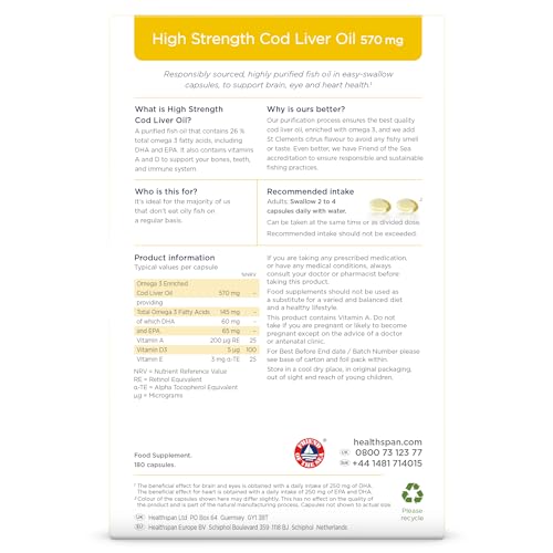 Healthspan Lebertran 1.000 mg | Reich an Omega-3-Fettsäuren DHA & EPA | Vitamin A und D3 | Gehirnfunktion, Augen- und Herzgesundheit | Aus nachhaltigen Quellen (240 Kapsel)