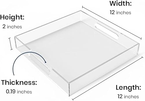 Miniatura 4 de Bandeja de acrílico para servir (12 x 12 x 2 pulgadas) con asas, a prueba de derrames, bandeja decorativa transparente para aperitivos, desayuno,