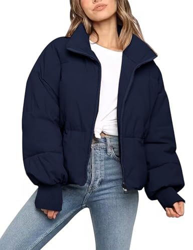 Flygo Winter Cropped Puffer Jacket Coats for Women 2025 Short Warm Quilted Jackets Outerwear with Pockets(Navy-S)